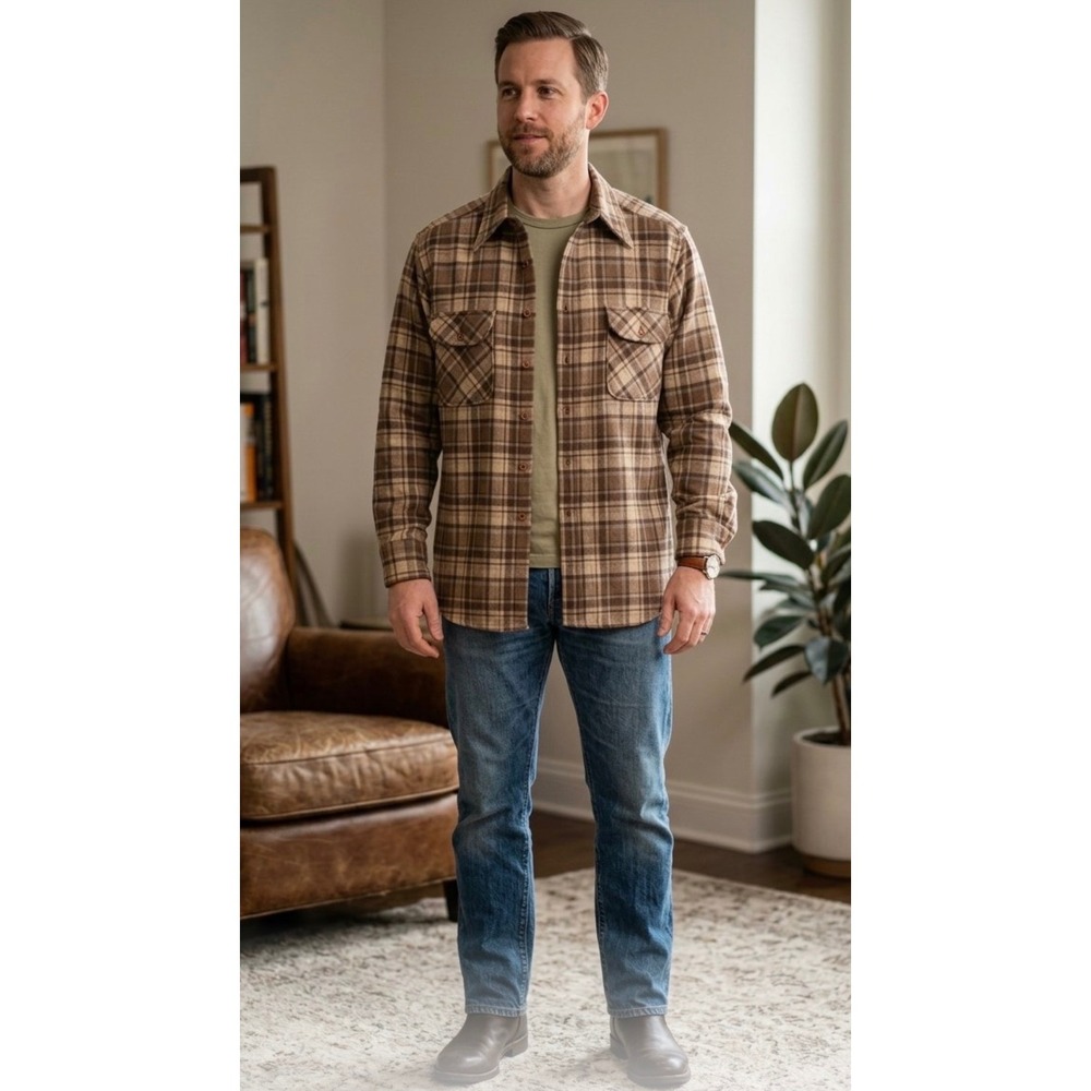 Pendleton Board Shirt Mens Large Brown Plaid Virgin Wool Button Up Flannel USA